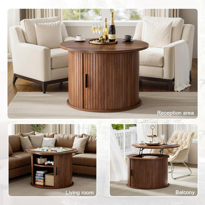 round Lift Top Coffee Table, Fluted Wood Accent Coffee Table with Hidden Storage and Open Shelves, Drum Table with Sliding Rolling Door, Small Center Table Dining Table for Living Room, Walnut