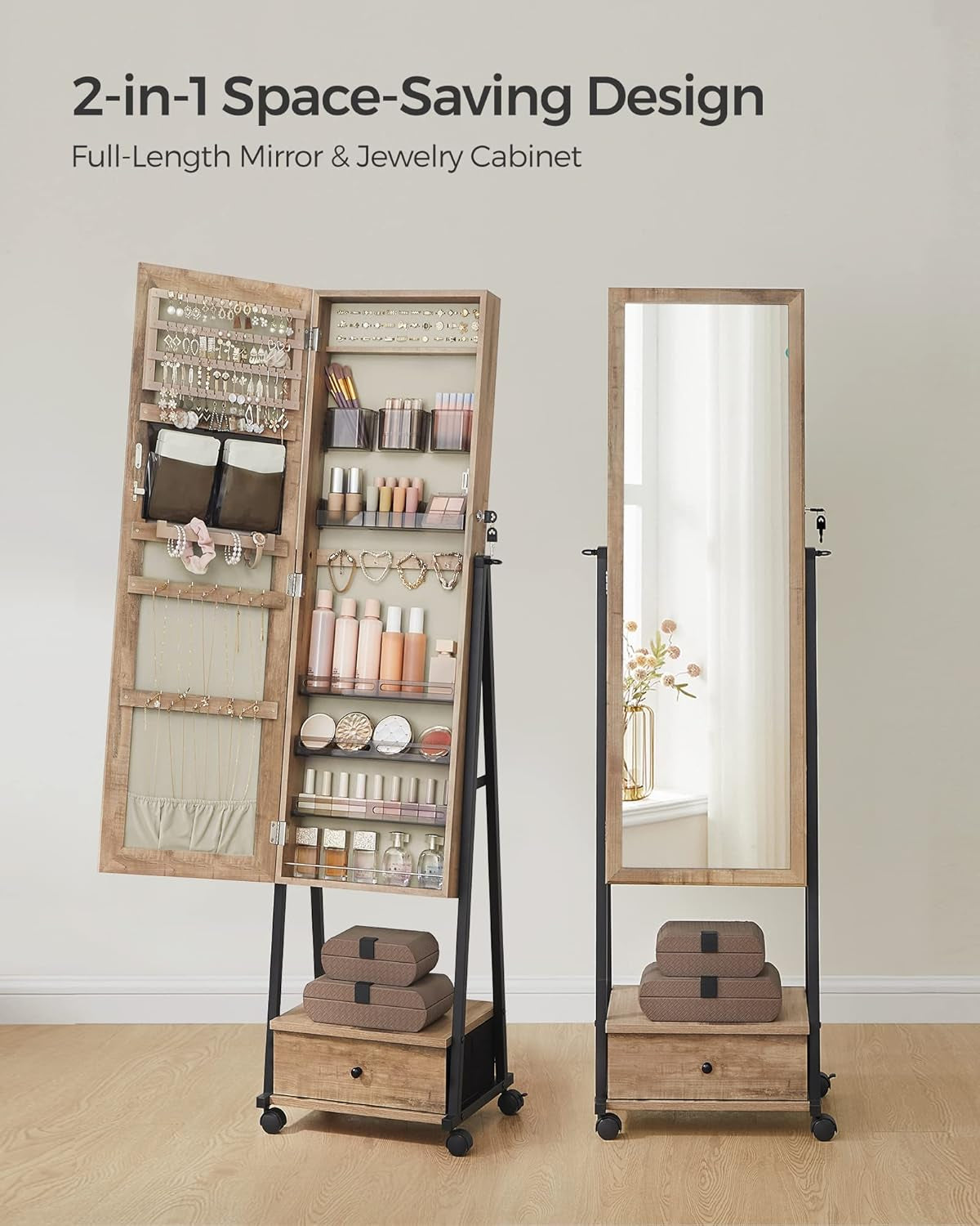 Jewelry Cabinet Floor Standing, Lockable Jewelry Organizer with High Full-Length Mirror, Bottom Drawer, Shelf, Wheels, Jewelry Armoire, Gift Idea, Toasted Oak Color and Black UJJC004N01