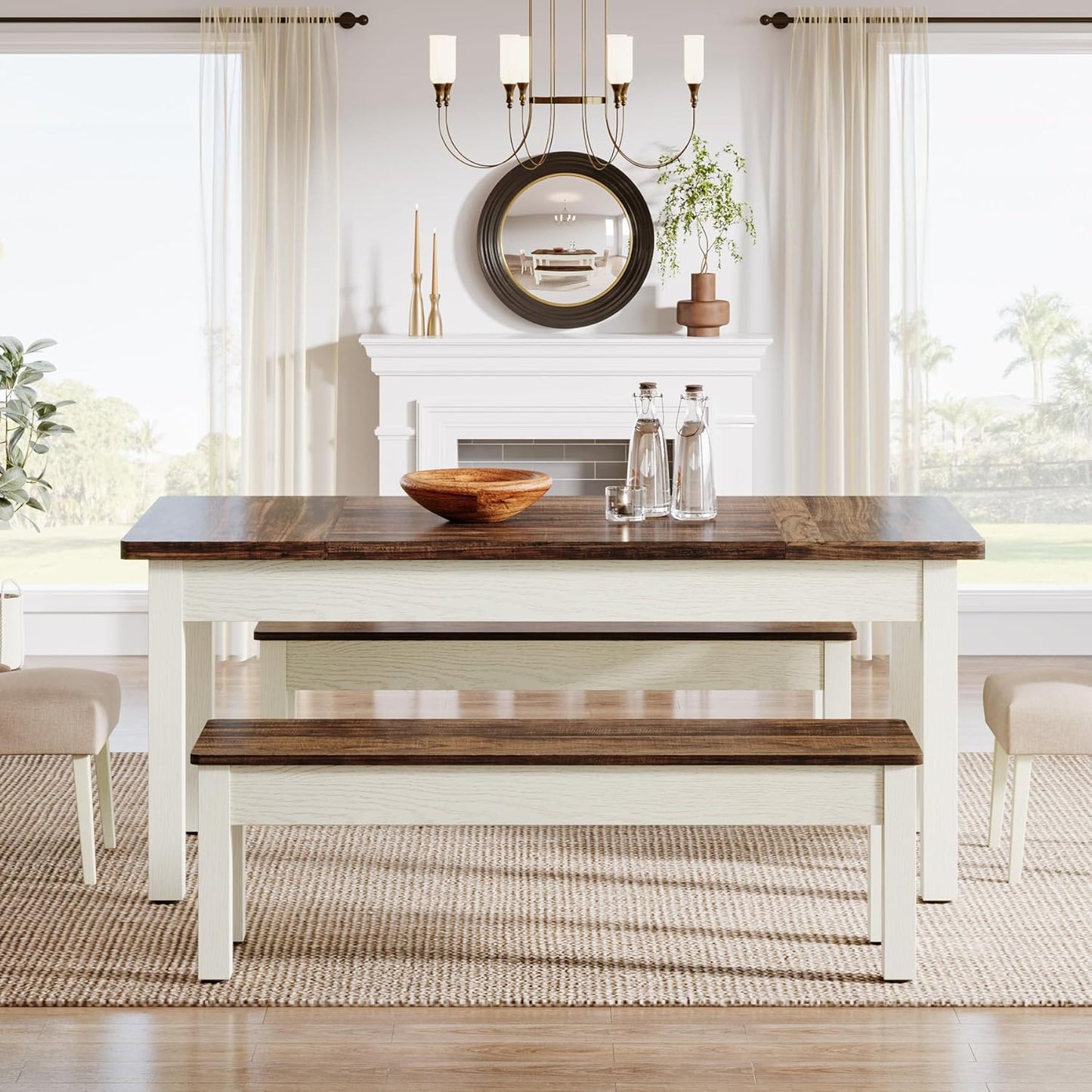 Farmhouse Kitchen Table Set for 4-6, 55-Inch Wooden Dining Table with 2 Benches, Space Saving 3 Pieces Heavy Duty Dinette for Dining Room, Kitchen, Small Space