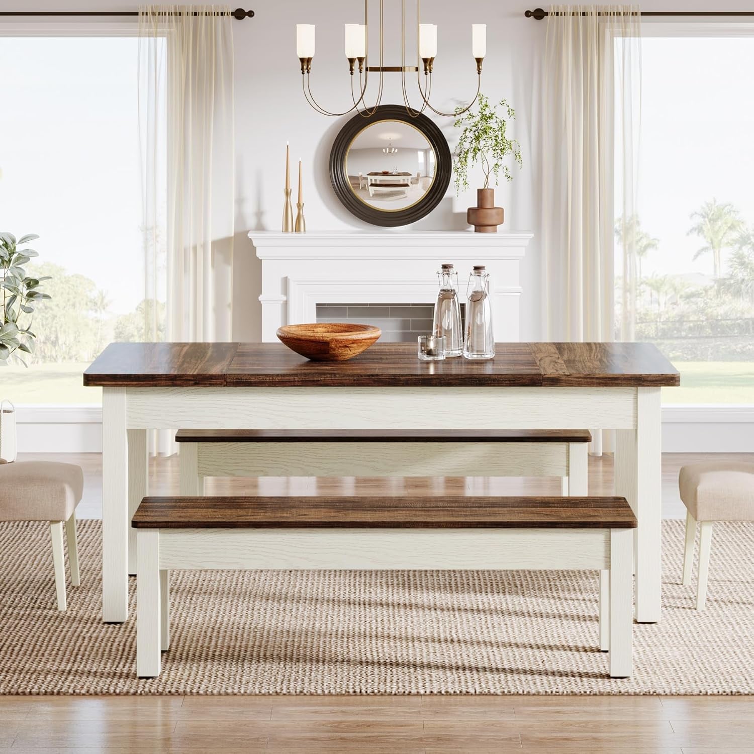 Farmhouse Kitchen Table Set for 4-6, 55-Inch Wooden Dining Table with 2 Benches, Space Saving 3 Pieces Heavy Duty Dinette for Dining Room, Kitchen, Small Space