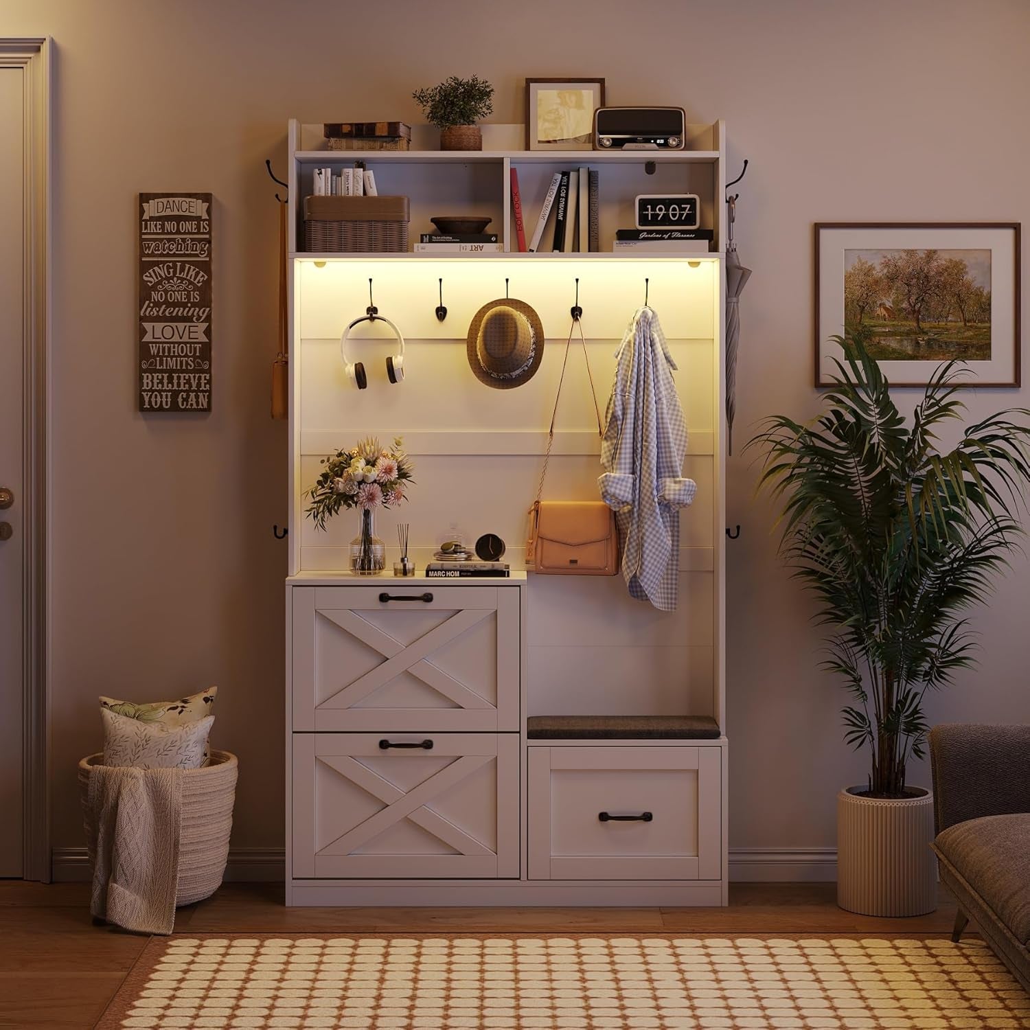Entryway Hall Tree with Bench and Shoe Storage, 5-In-1 Narrow Hall Tree with LED Light, Cushioned Stool & 9 Hooks, 2 Flip Drawers, 78" Coat Shoe Rack for Mudroom, Hallway, Living Room, White