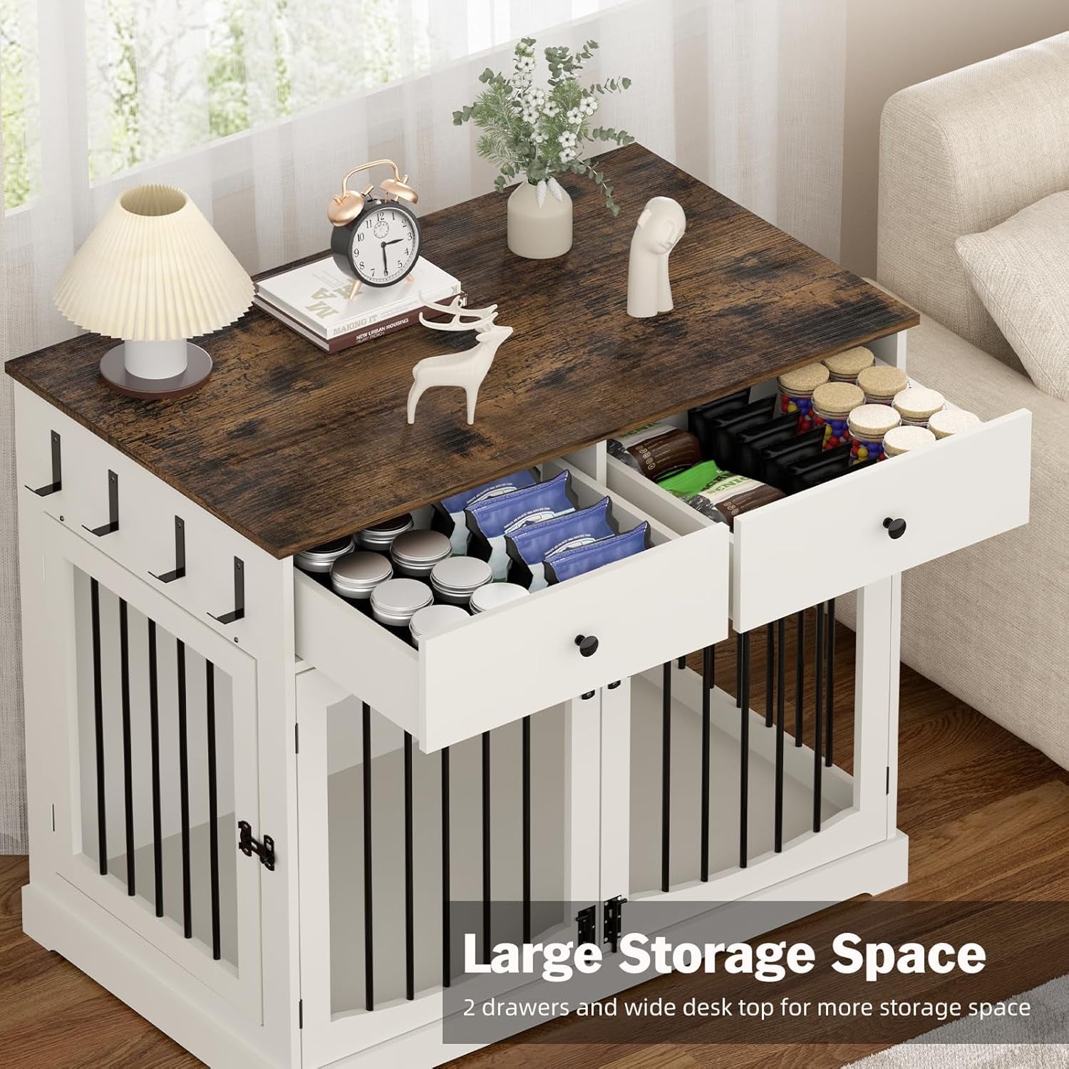 40 Inch Furniture-Style Dog Crate-Multipurpose Wood Pet Crate Furniture with Double Doors,2 Drawers, Decorative Dog House Indoor for Smal/Medium Dogs, White Finish