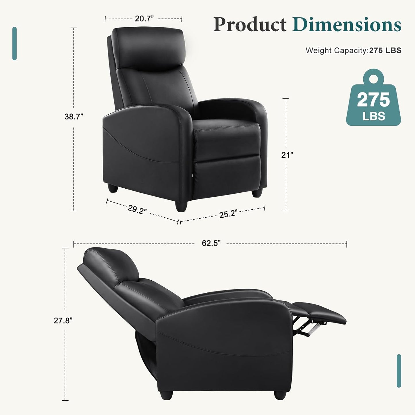 Recliner Chair for Living Room, Leather Home Theater Seating with Lumbar Support with Adjustable Backrest and Footrest, Modern Living Room Furniture with Padded Seat Backrest, Black