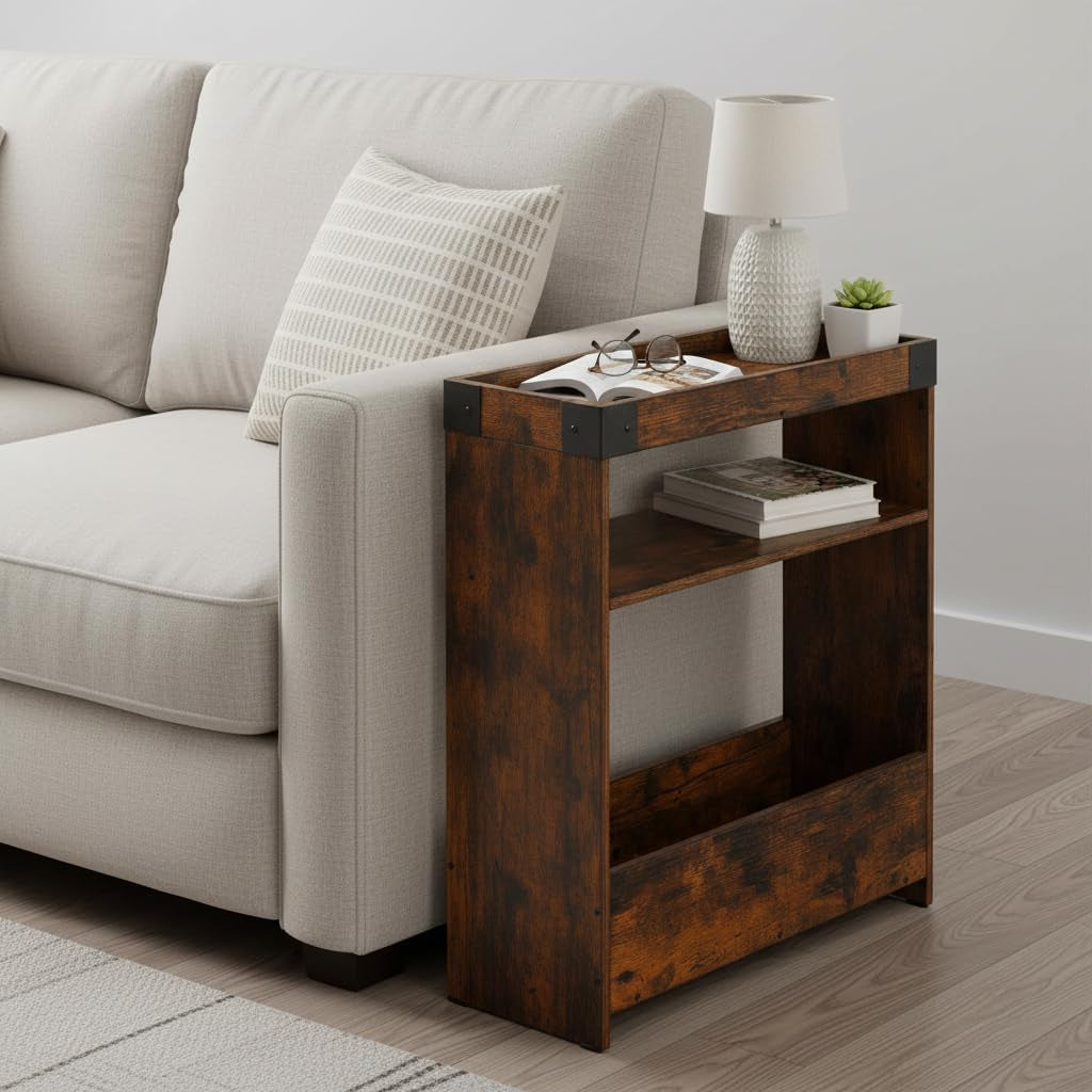 Farmhouse Narrow Side Table with Tray Top & Magazine Rack, Sofa Couch Side Table with Storage Shelf, Slim End Table for Small Spaces, Modern Nightstand for Bedroom, Living Room (Rustic Brown)