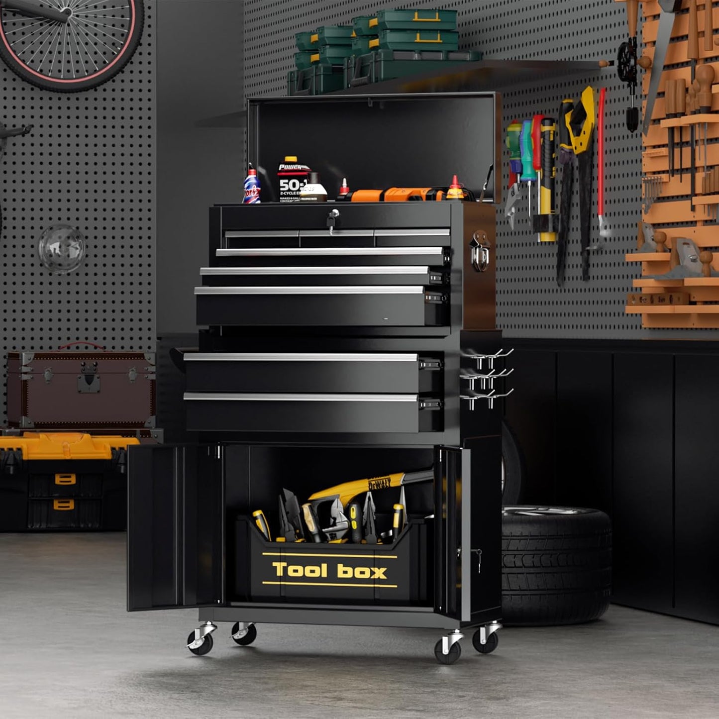 8-Drawer Rolling Tool Chest with Lock, Detachable Tool Cabinet Cart with Wheels, High-Capacity Mechanic Tool Organizer for Garage Workshop Warehouse Storage​