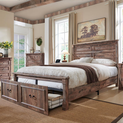 Farmhouse Queen Size Bed Frame with 51" Tall Headboard, Wood Platform Bed Frame with 20" Tall Roman Column Decoration Footboard & 2 Large Storage Drawers, No Box Spring Needed (Light Brown)