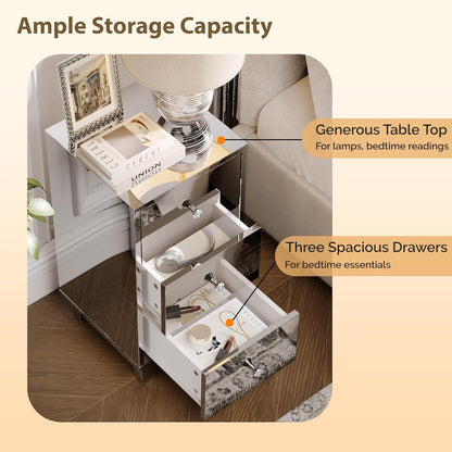 Mirror-Look Nightstands Set of 2, Silver Nightstand with 3 Drawers, Night Stand for Bedroom, Faux Mirrored Nightstand, 11.8" W*11.8" D*23.5" H