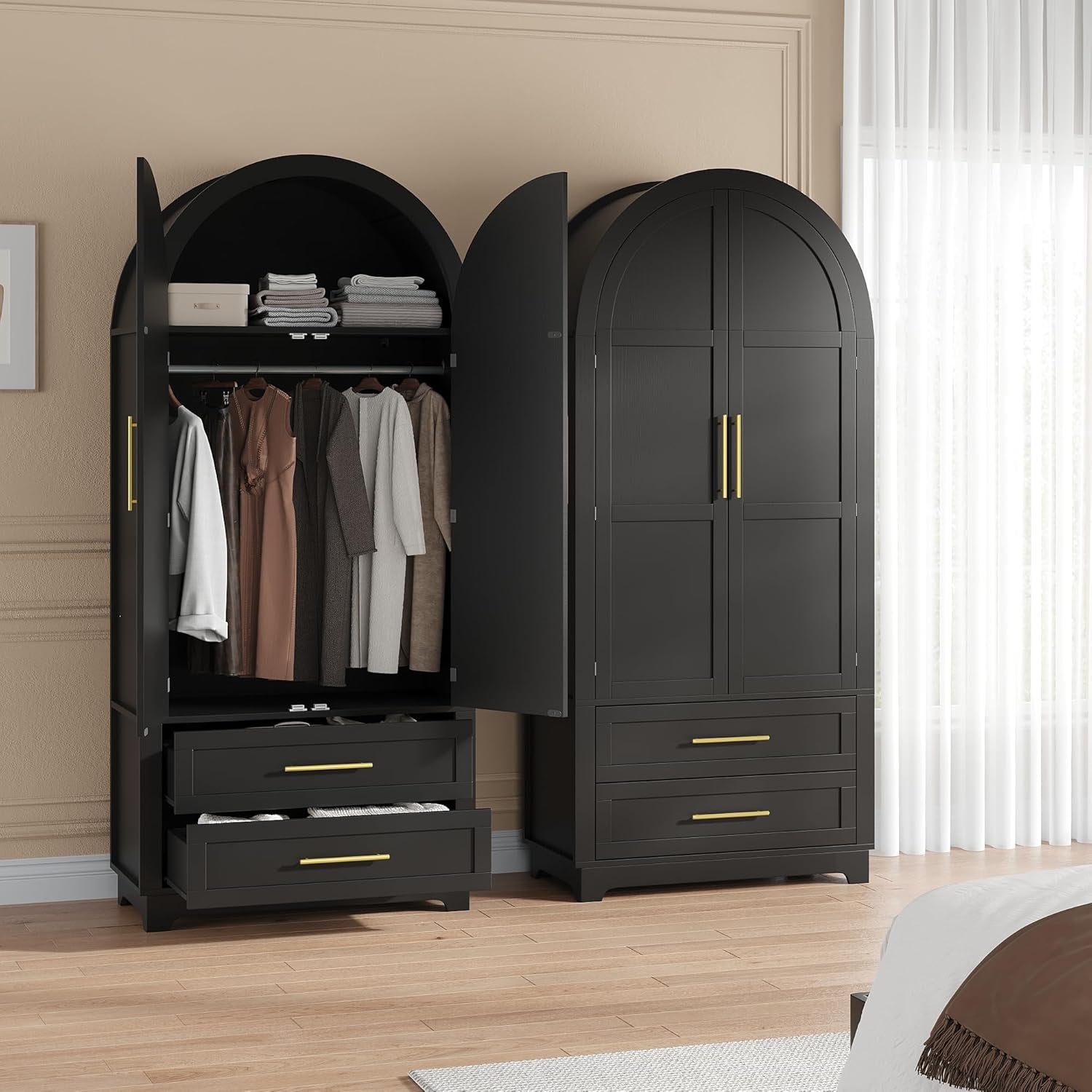 Wardrobe Closet, Modern Armoire Wardrobe Closet with Drawers and 2 Arched Fluted Doors, 70" Tall Wooden Bedroom Armoires with Shelves and Hanging Rod, Black