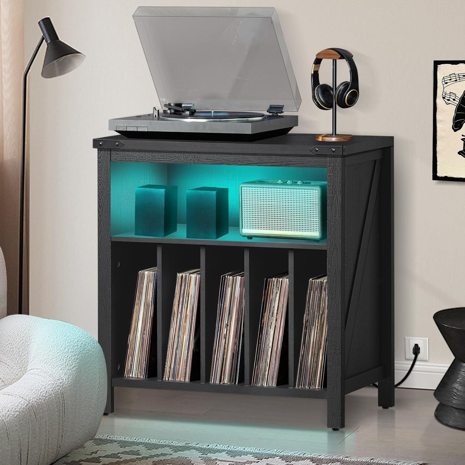 Large Record Player Stand with Charging Station & LED Lights, Vinyl Records Storage Holder Cabinet Holds up to 230 Albums, Turntable Stand for Music Room, Bedroom, Living Room, Office (Black)