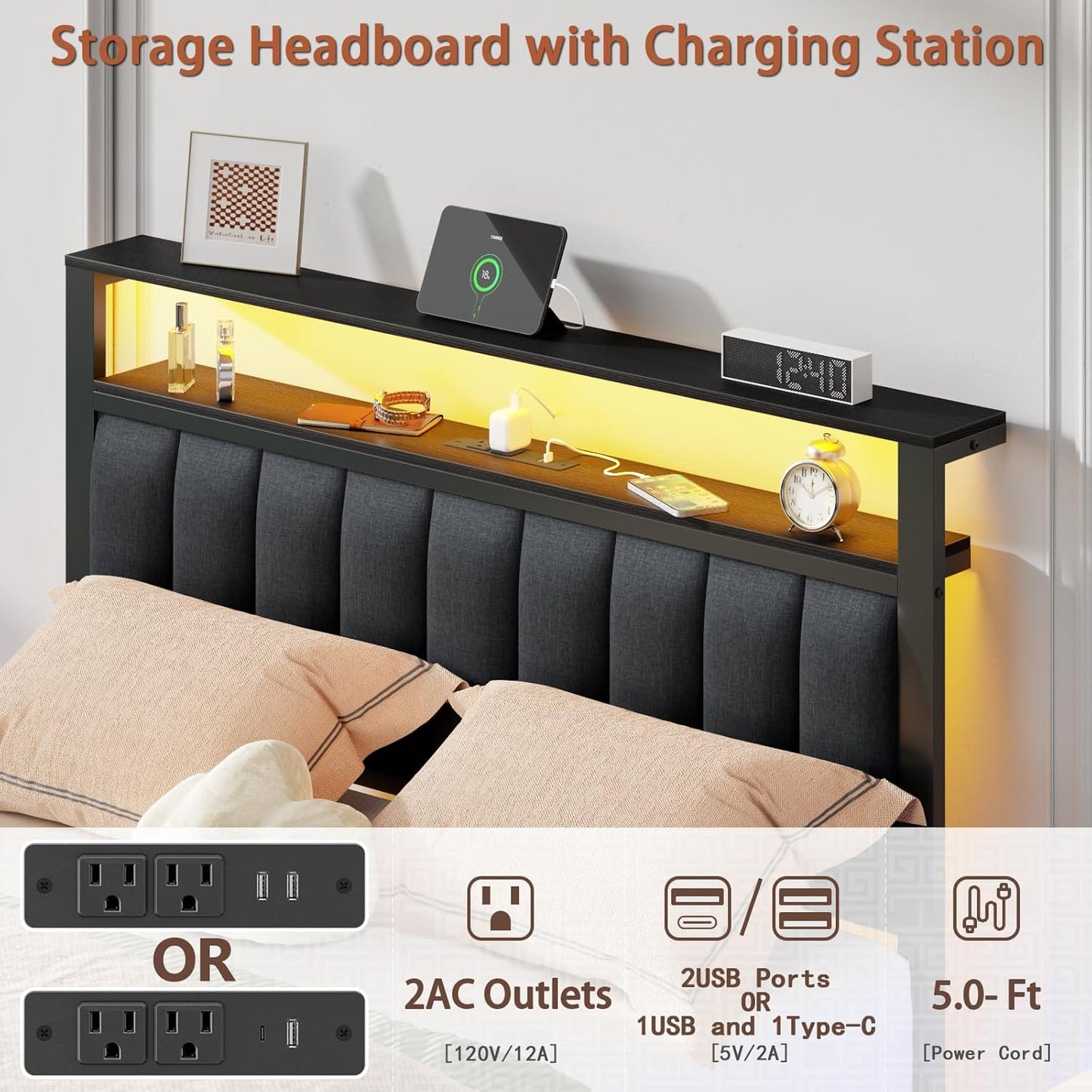 Full Size Bed Frame with Charging Station and LED Lights, Grey Upholstered Headboard with Shelves, Metal Platform Bed with 2 Under-Bed Storage (Fabric Drawer on Wheels), No Box Spring Needed