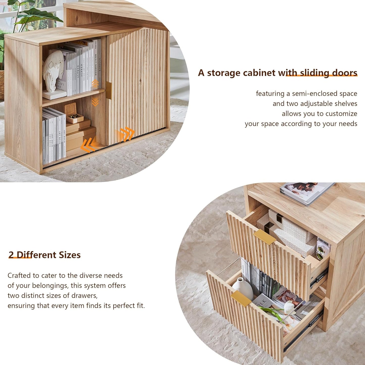 67" Modern L Shaped Desk with Storage Cabinet & Drawers, Wood Home Office Desk with Power Outlets, Fluted Computer Writing Desk, Natural Oak