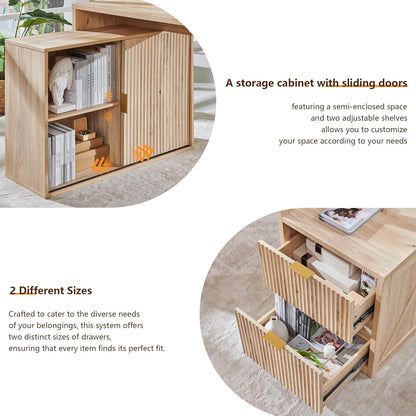67" Modern L Shaped Desk with Storage Cabinet & Drawers, Wood Home Office Desk with Power Outlets, Fluted Computer Writing Desk, Natural Oak
