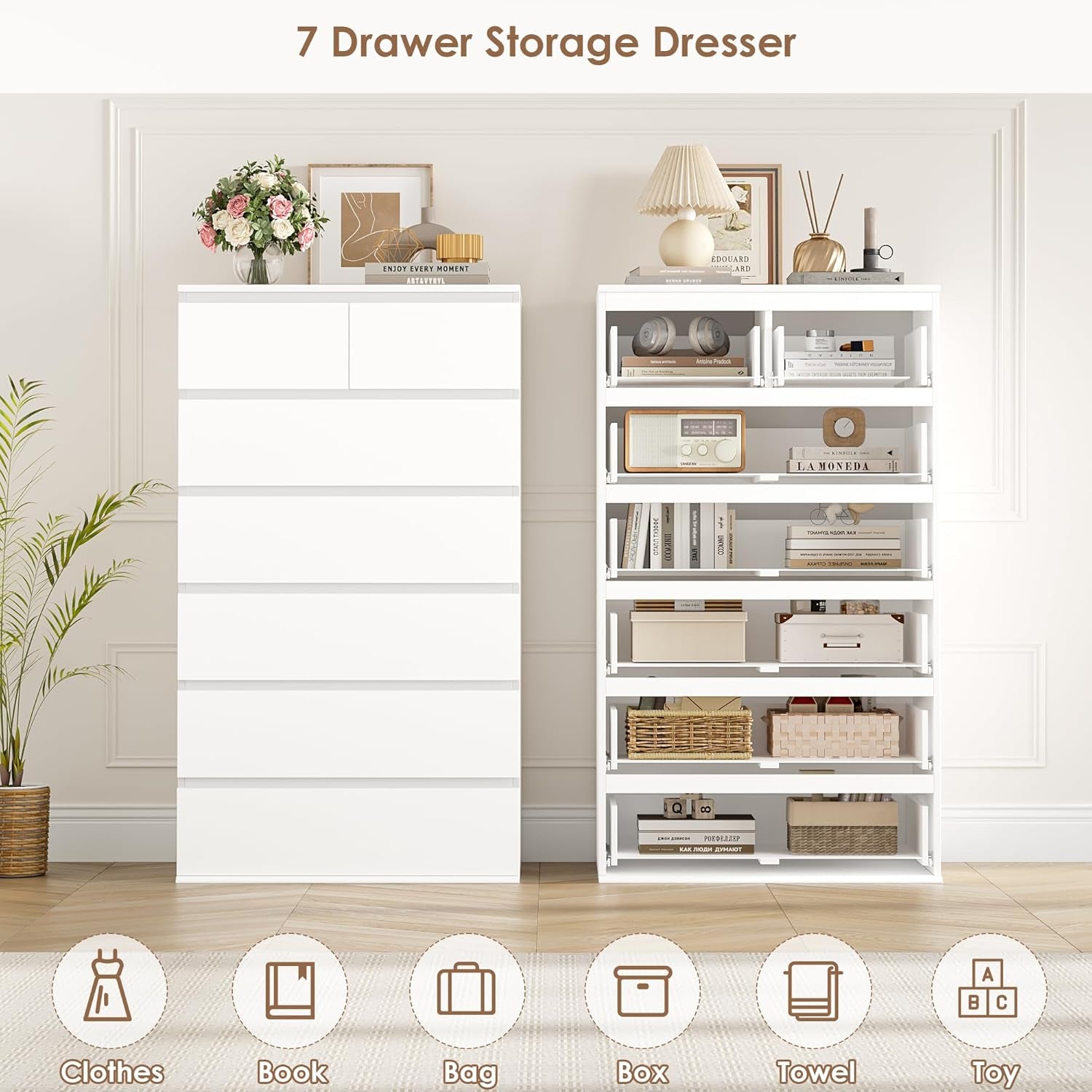 7 Drawer Dresser, White Dresser Tall Dresser, 23.6W X 15.7D X 46.7H in White Chest of Drawers with Large Storage Space for Home