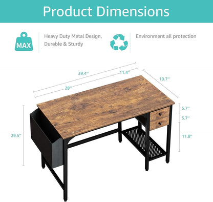 Computer Desk with Drawers - 40 Inch Work Reversible Small Desk for Bedroom Home Office, Simple Study Writing Table PC Desks with Drawer Storage Shelves, Rustic Brown