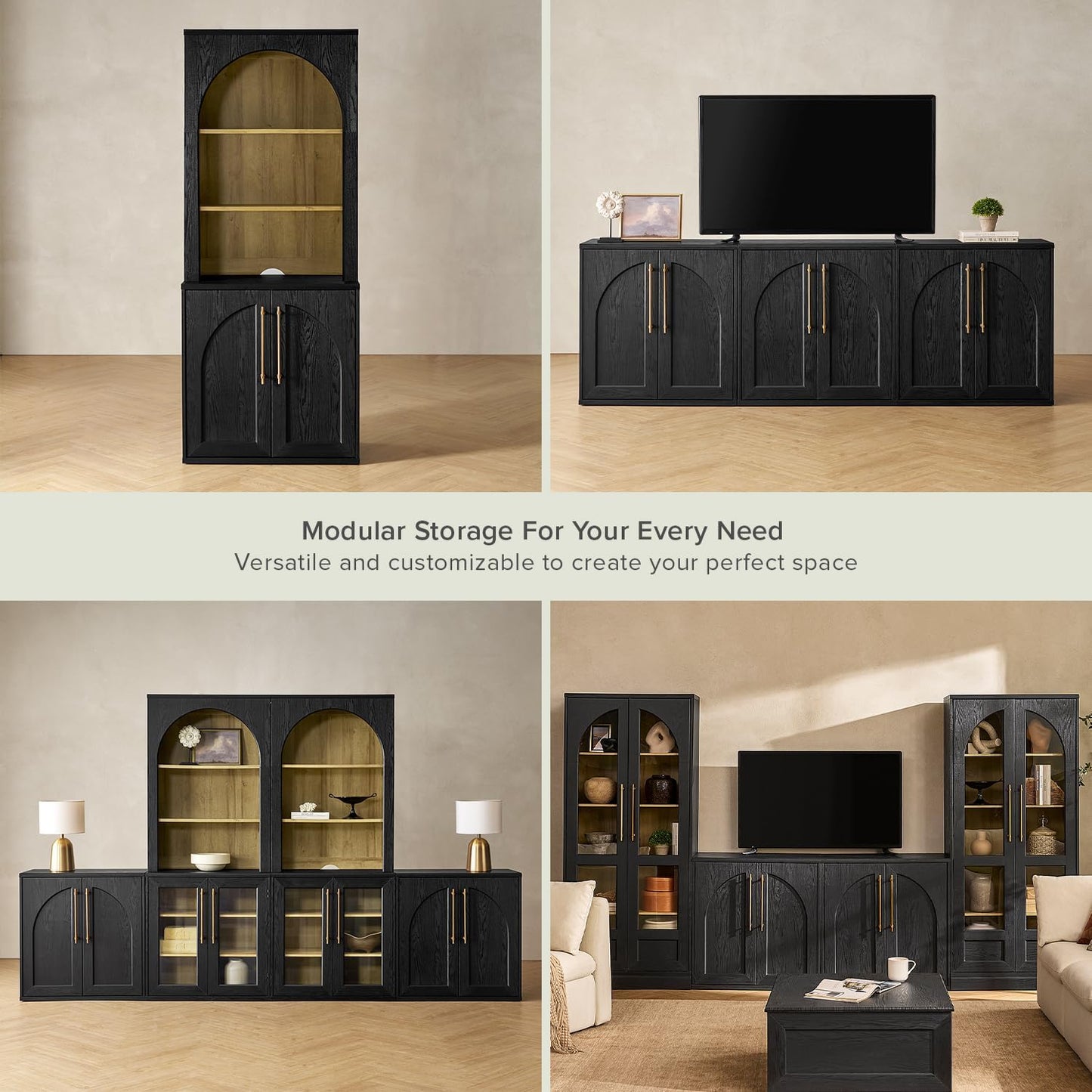Blake Storage Cabinet, Small Modular Accent Display Sideboard Buffet Cabinet with Storage, Media Console Credenza, for Kitchen, Coffee Bar, Pantry, Living Room (Black Oak Arched, Set of 2)