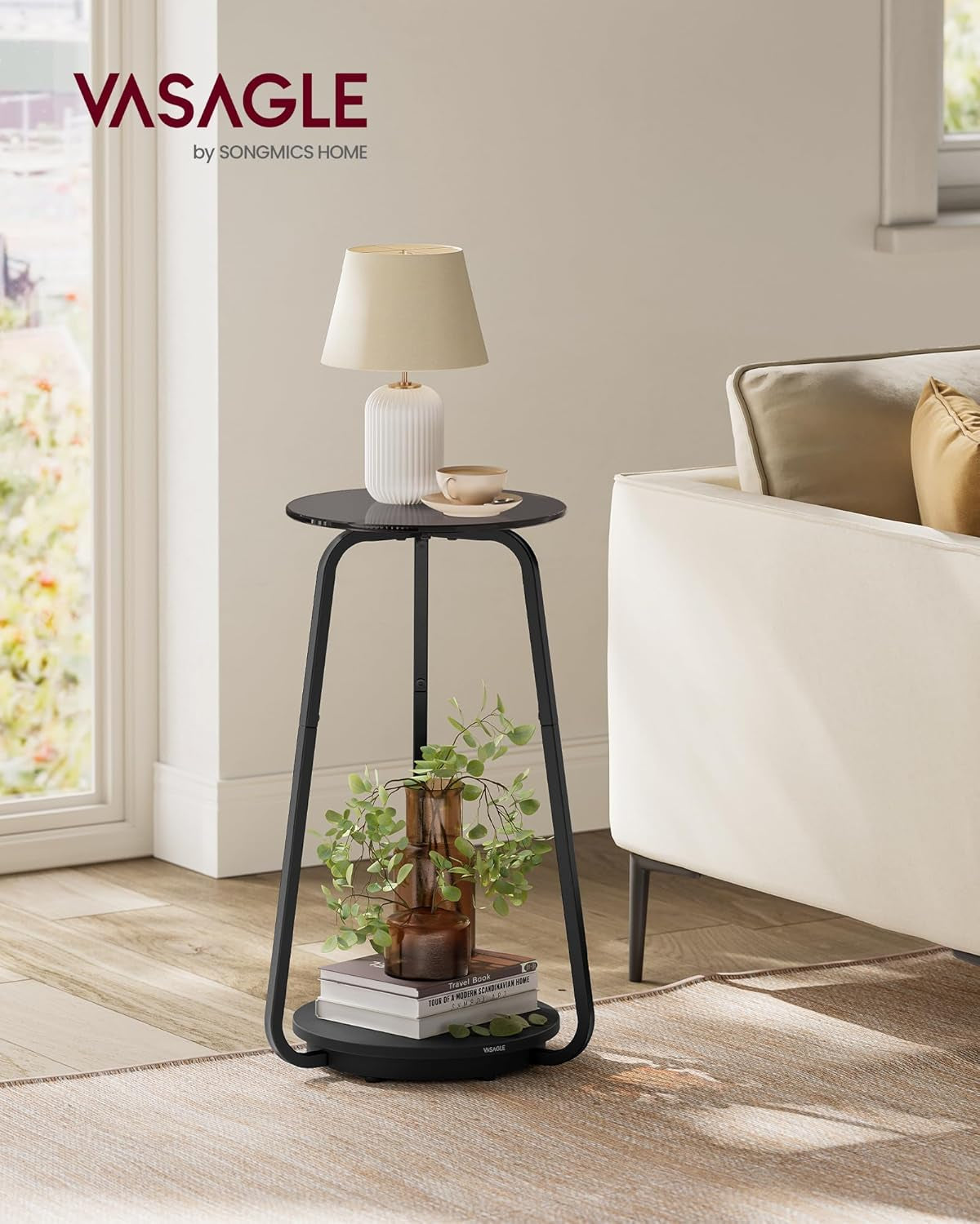 round Side Table, 2-Tier Nightstand, End Table with Glass Top and Particleboard Shelf, Cocktail Table, for Living Room, Bedroom, Small Spaces, Modern Style, Slate Gray ULET287B16