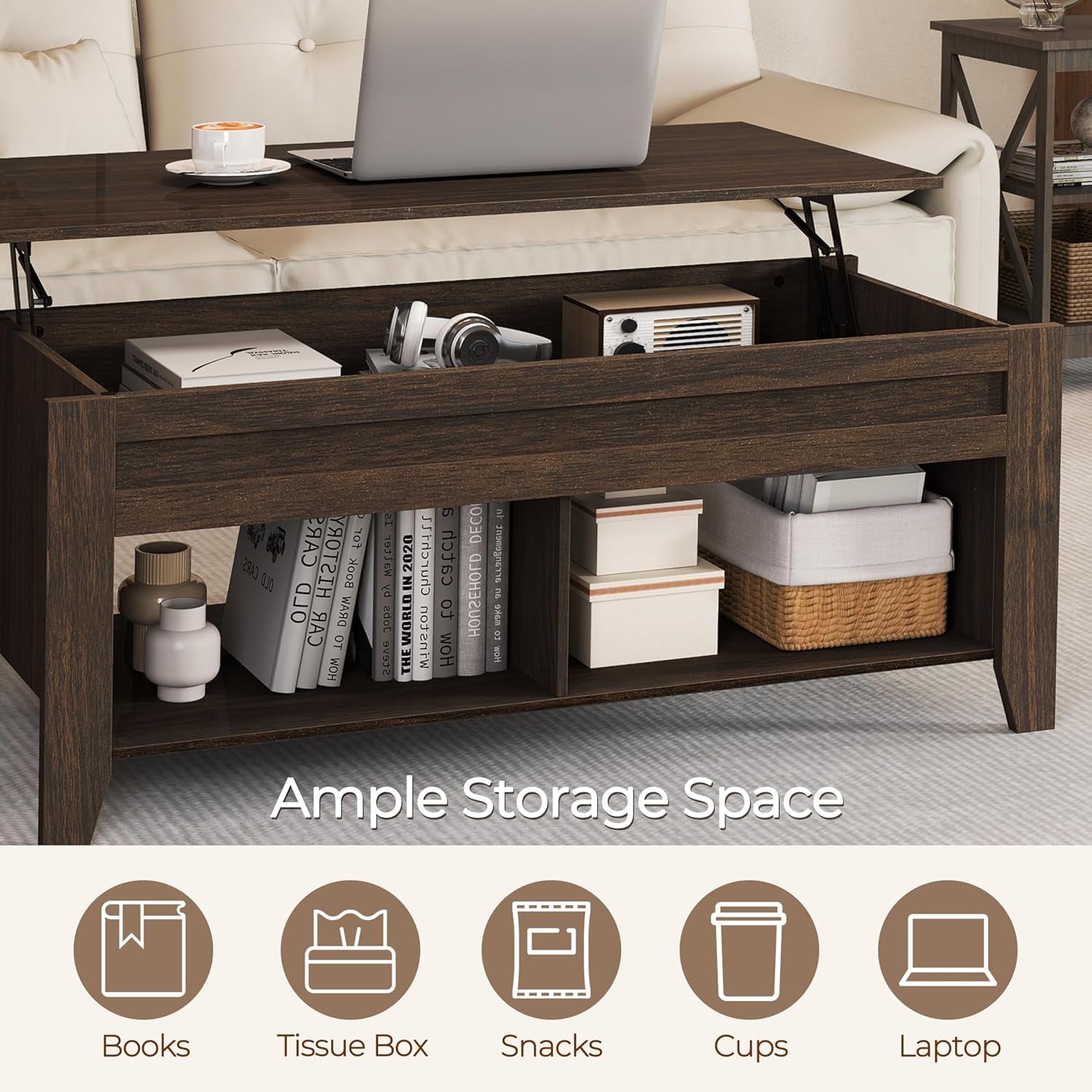 Lift Top Coffee Table with Hidden Storage Compartment & 2 Open Shelves, Rising Tabletop Pop up Center Table for Living Room Reception Room, 47.5'' L, Espresso