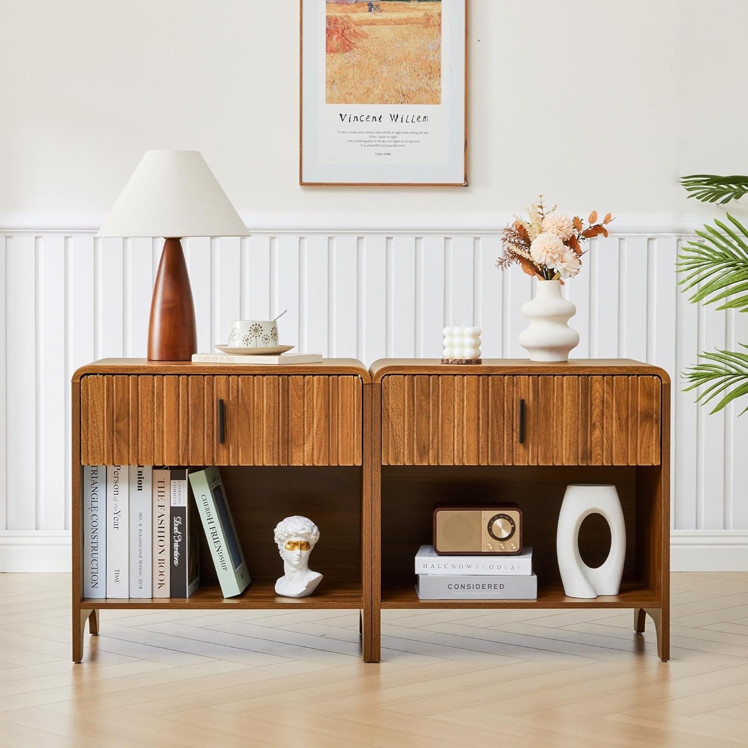 Fluted Night Stand Set of 2, Modern Nightstand Curved Profile, Drawer and Open Shelf - Bedside Table Wood Side Table Set for Bedroom (Walnut-2 Nightstands)