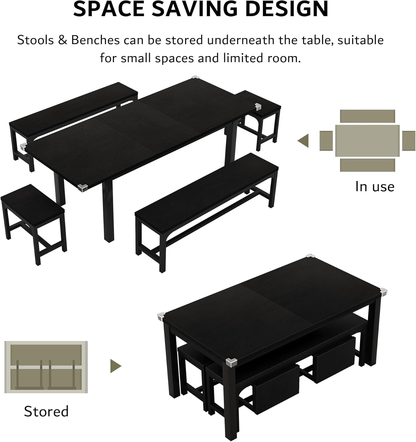 5-Piece Dining Table Set for 4-8 People, Extendable Kitchen Table Set with 2 Benches and 2 Square Stools, Mid-Century Dining Room Table with Metal Frame & MDF Board, Saving Space, Black