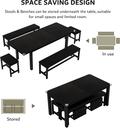 5-Piece Dining Table Set for 4-8 People, Extendable Kitchen Table Set with 2 Benches and 2 Square Stools, Mid-Century Dining Room Table with Metal Frame & MDF Board, Saving Space, Black