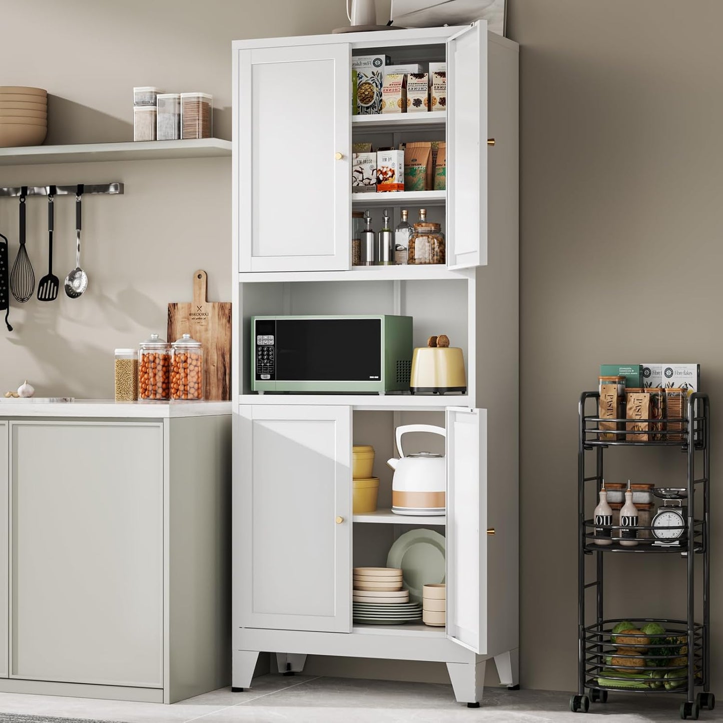 69" Tall Metal Pantry Cabinet with Microwave Shelf,Microwave Storage Cabinet with 4 Doors & 3 Adjustable Shelves,Metal Cabinet with Storage for Kitchen Dining Room Living Room(1Pc,White)