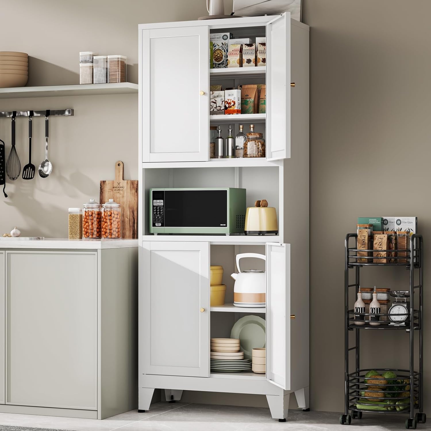 69" Tall Metal Pantry Cabinet with Microwave Shelf,Microwave Storage Cabinet with 4 Doors & 3 Adjustable Shelves,Metal Cabinet with Storage for Kitchen Dining Room Living Room(1Pc,White)