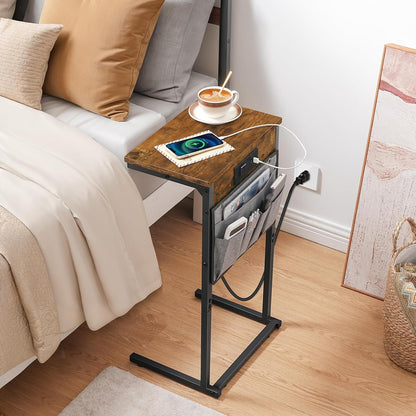 C Shaped End Table with Charging Station, 28" H Couch Side Table Slide Under, Sofa Arm Tray Table with Storage Bag for Living Room, Recliner, Rustic Brown BF70USF01