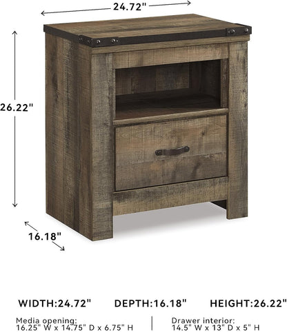 Signature Design by Ashley Trinell Rustic 1 Drawer Nightstand, USB Charing, Storage Cubby, Nailhead Accents, Wood, 24.72" W X 16.18" D X 26.22" H, Warm Brown