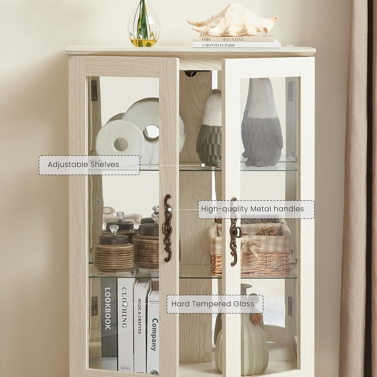 Lighted Curio Cabinet, 44" H Glass Display Case with Adjustable Glass Shelves, Vintage China Cabinet with Mirrored Back Panel & 3-Tier Shelves, Blub Included, Rack for Living Room (Antique White)