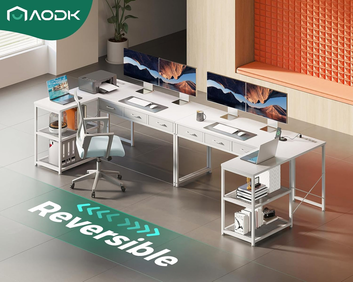 53 Inch L Shaped Computer Desk with Drawers, Corner Desk with Power Outlets & Reversible Storage Shelves, for Home Office Gaming, White