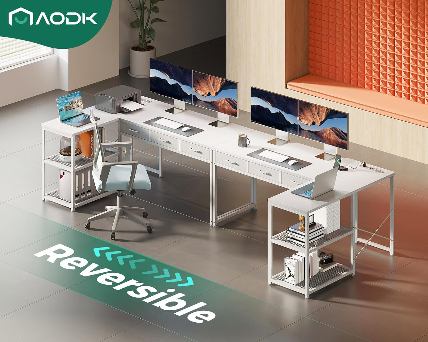 53 Inch L Shaped Computer Desk with Drawers, Corner Desk with Power Outlets & Reversible Storage Shelves, for Home Office Gaming, White