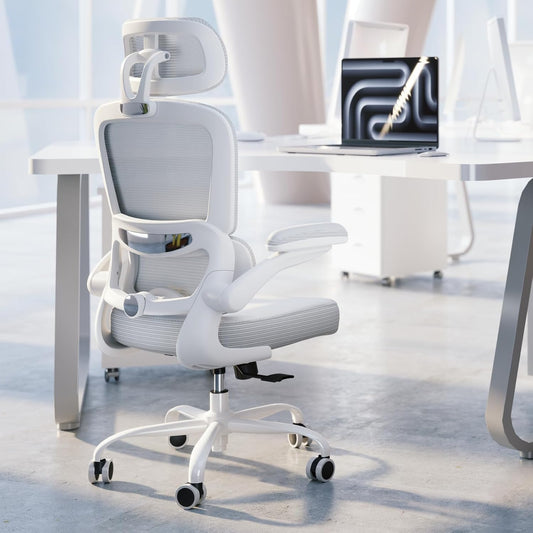 Ergonomic Office Chair - Desk Chair with Adjustable Headrest Lumbar Support Computer Chair - Mesh Comfy Chair with Flip-Up Armrests - Gaming Chairs for Adults Home Office (Leather, White)