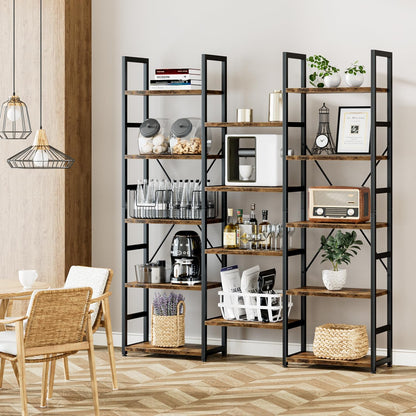 Triple Column 5 Tier Bookshelf, Bookcase with 14 Open Display Shelves, Adjustable Rustic Industrial Style Book Shelves, Modern Bookshelves for Bedroom, Living Room and Home Office, Vintage