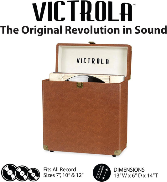 Collector – Record Storage Case – Holds 30+ Vinyl Turntable Records, Heavy-Duty Hardware, Hinges, & Smart Metal Corners, Portable with Easy-Carry Handle (Brown)