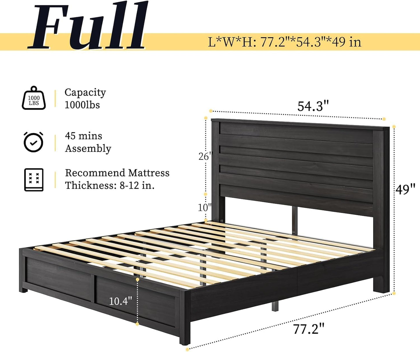 2 Pcs Bedroom Furniture Sets - Includes 1 X Farmhouse 6 Drawers Dresser, 1X Farmhouse Full Size Bed Frame with 49" Tall Headboard, Wooden Platform Bed with Hidden Metal Bed Frame, Black