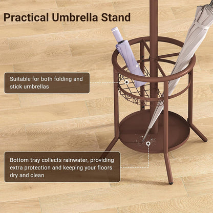 Coat Rack Freestanding, Metal Coat Rack Stand with Umbrella Holder, Modern Coat Tree with 12 Hooks, Floor Standing Corner Hall Tree for Entryway Living Room Bedroom Office, Brown
