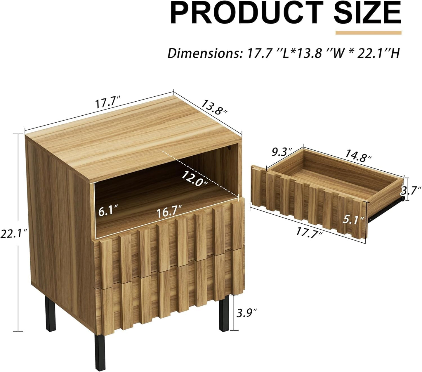 3PCS Dresser and Nightstand Sets for Bedroom, 59" Wide 9 Drawer Dresser & Nightstand Set of 2, Modern Fluted Solid Wood Closet Dressers, Bedroom Furniture Set (Natural Wood)