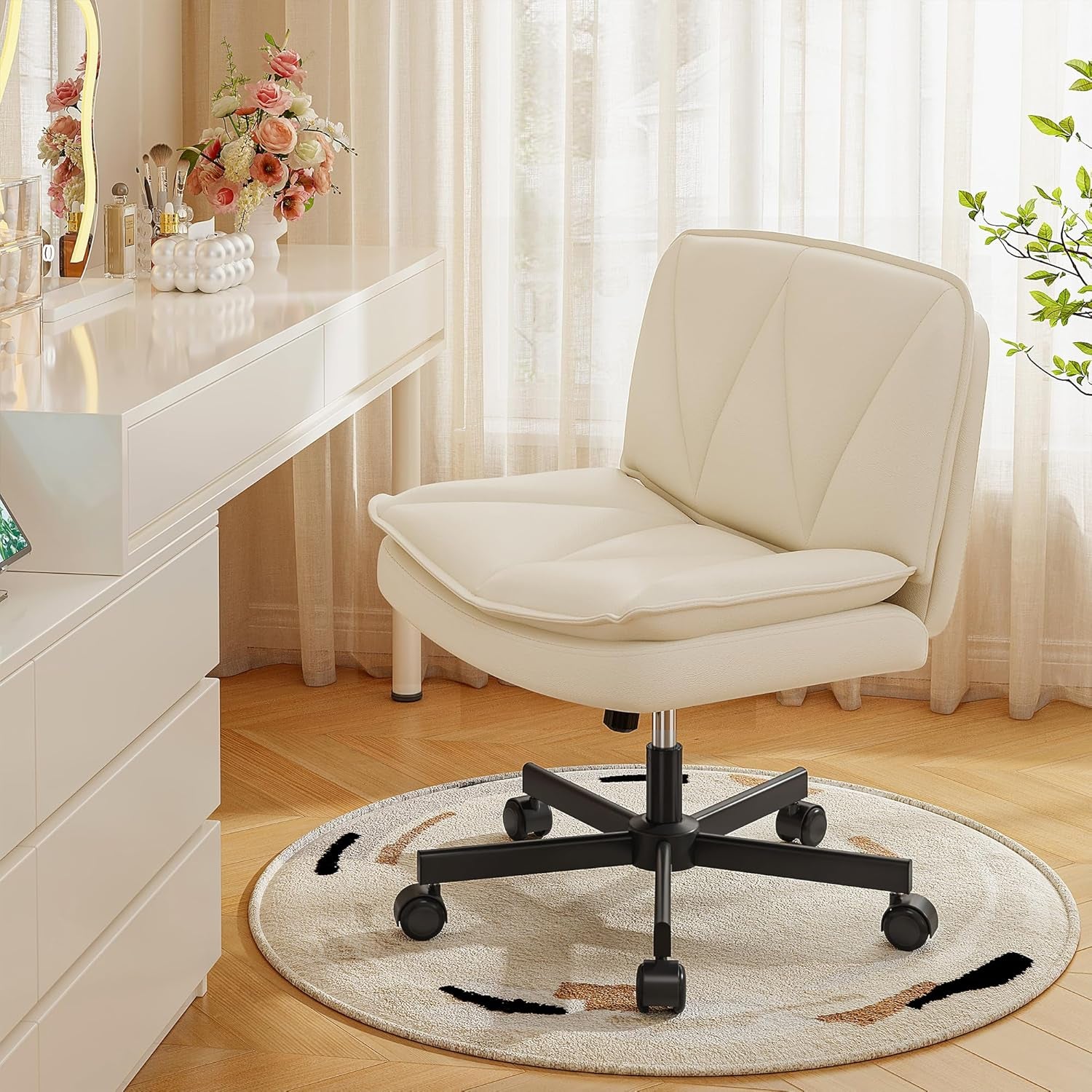Criss Cross Chair with Wheels,Cross Legged Office Chair with 2 Layer Comfty Leather & Back,Armless Wide Vanity Chair for Home Office,Beige