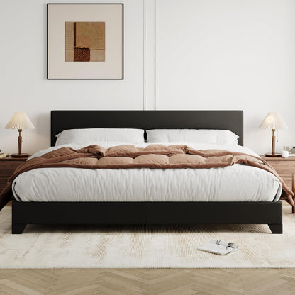 King Size Bed Frame with Adjustable Headboard, Faux Leather Platform Bed with Wood Slats, Heavy Duty Mattress Foundation, No Box Spring Needed, Noise-Free, Easy Assembly, Black