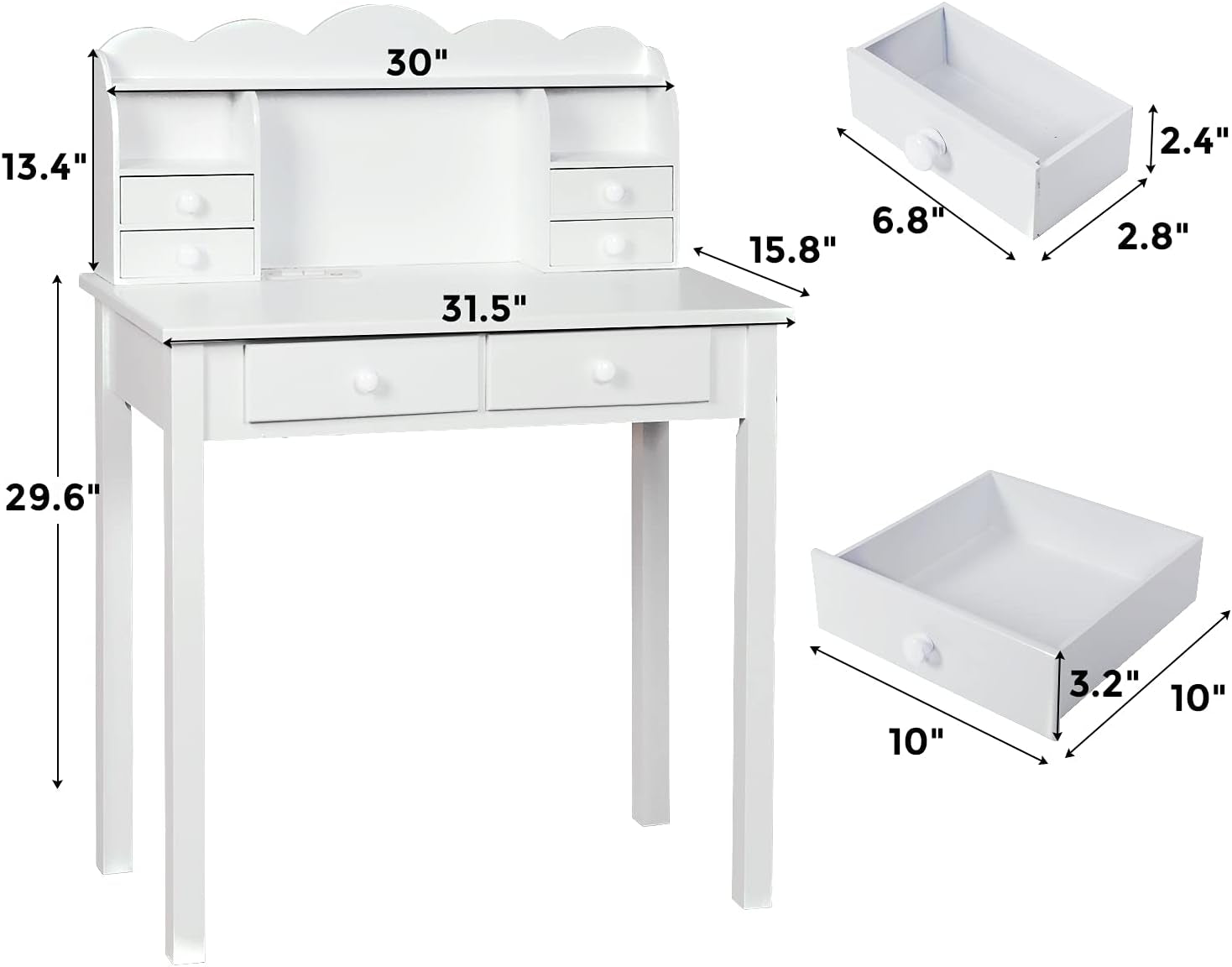 Small White Writing Desk with Hutch and USB Ports, 31.5 Inch Home Office Desk with Drawers, Study Table for Kids/Student, Makeup Dressing Table save Space Gifts