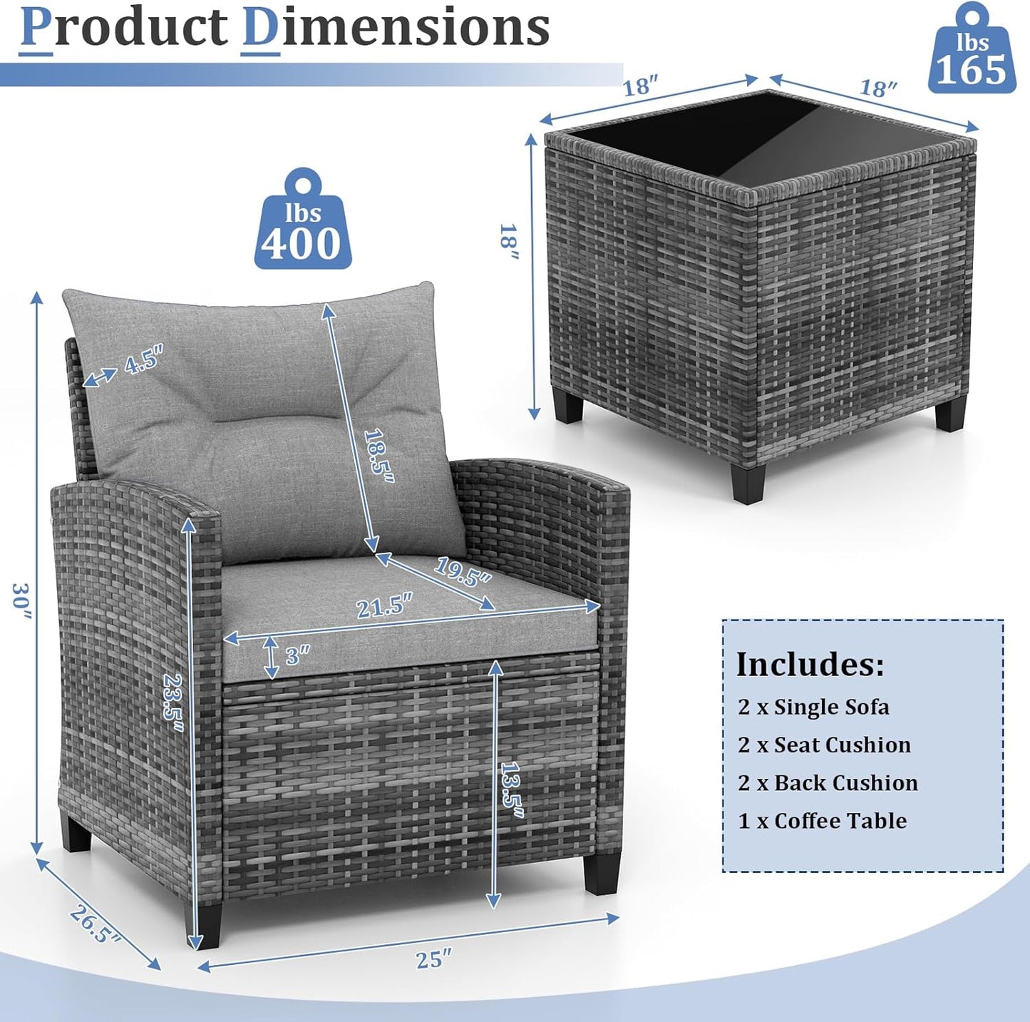 3 Piece Patio Furniture Set, Outdoor PE Rattan Conversation Set with Washable Cushions & Tempered Glass Tabletop, Wicker Chairs and Table Set for Porch, Garden, Balcony (Grey)