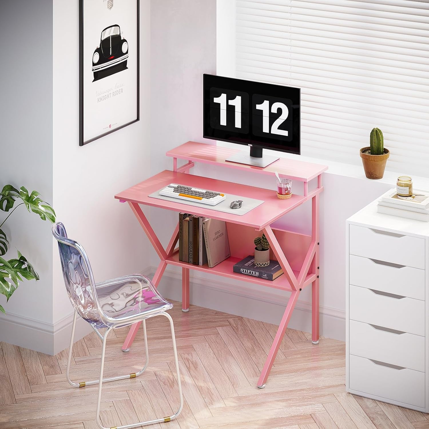 Small Desk, 27.5 Inch Computer Desk for Small Spaces, Kids Desk with Storage, Study Table with Monitor Stand for Homeschool, Pink