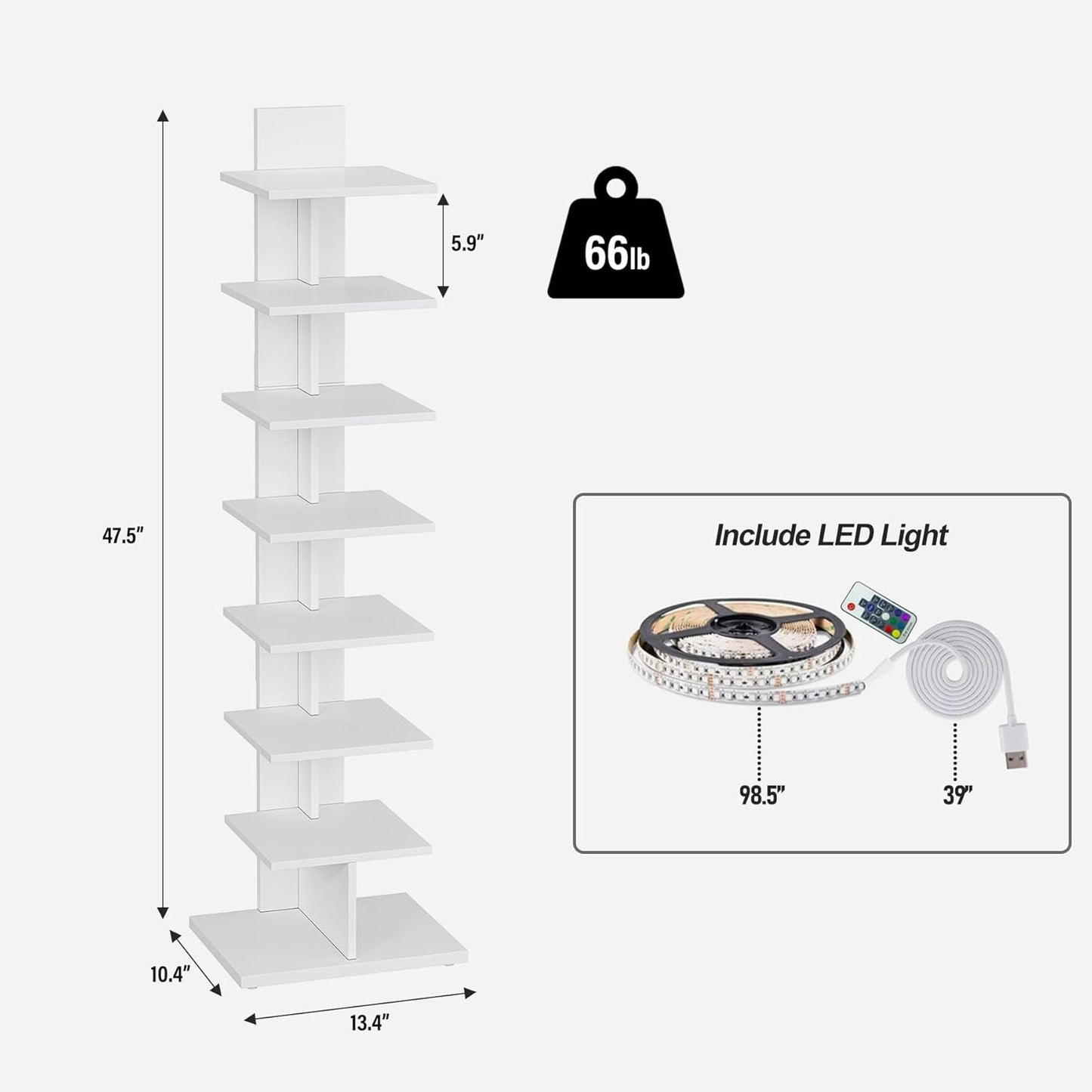 Narrow Bookshelf, 8-Tier Bookcase with LED Lights, Spine Book Shelf for Small Space, Corner Standing Shelf for Living Room, Office, Study, Entryway, White BS06BW008L