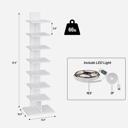 Narrow Bookshelf, 8-Tier Bookcase with LED Lights, Spine Book Shelf for Small Space, Corner Standing Shelf for Living Room, Office, Study, Entryway, White BS06BW008L