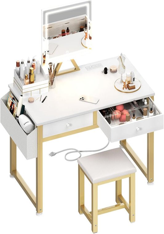 Small Makeup Vanity Desk with Mirror and Light, 32 Inch White Vanity Desks Sets with Fabric Drawers for Girls Teen, Dressing Table and Chair Set with Power Outlet for Bedroom, White Gold