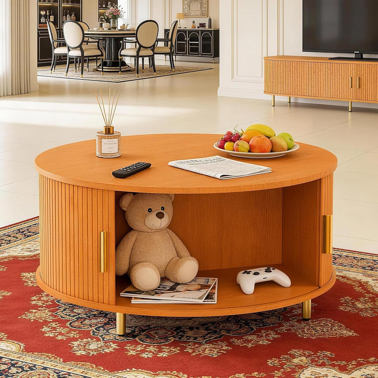 round Coffee Table, 31.5" Mid Century Modern Coffee Table with 360° Sliding Tambour Door, Fluted Accent Coffee Table with Storage,Adjustable Footpads for Living Room, Yellow Walnut