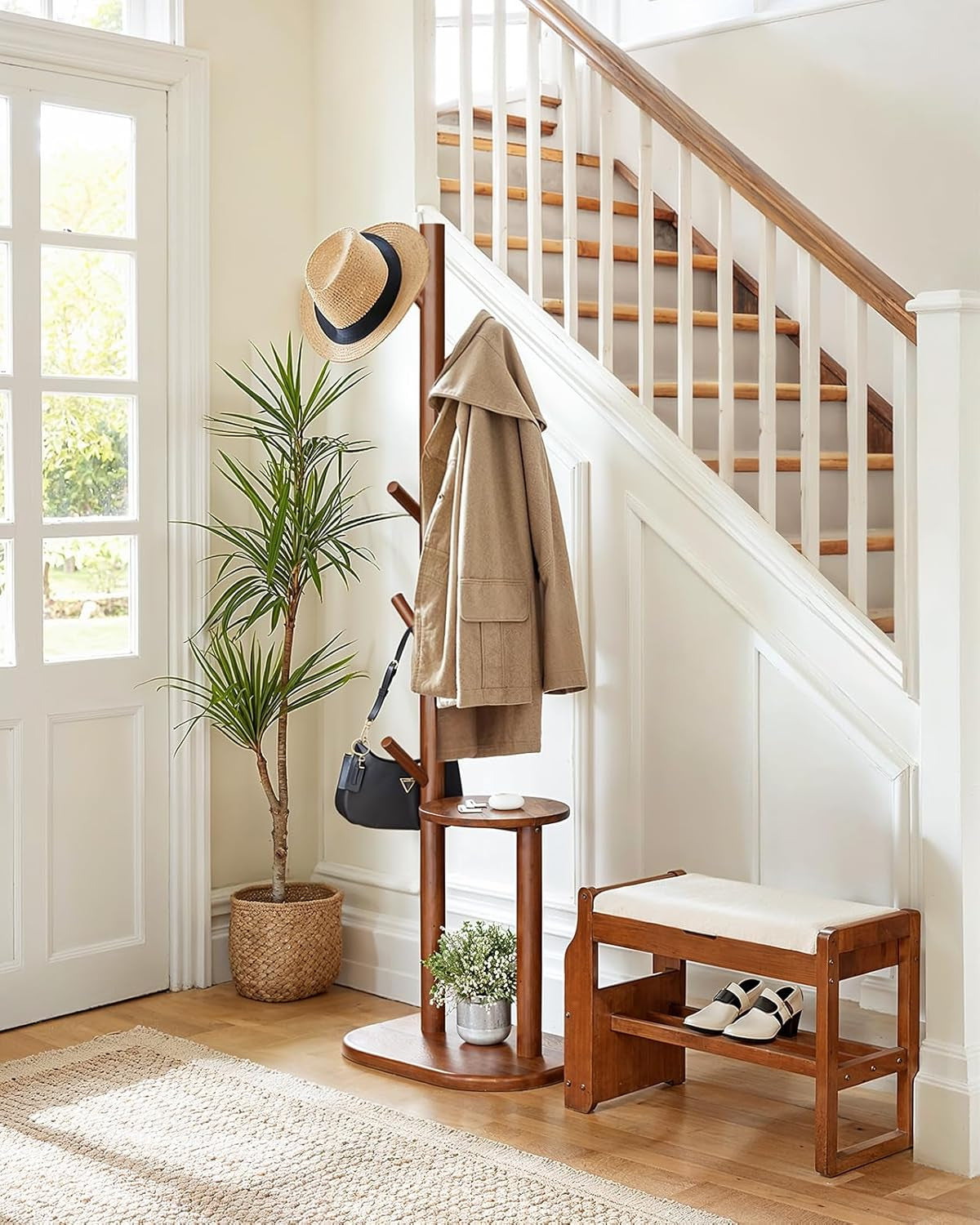 Coat Rack, Freestanding Hall Tree with 8 Hooks & Storage Shelf, Solid Wood Base, 66.3″ Tall Coat Rack Stand for Coats, Hats, Bag in Entryway, Bedroom, Living Room, Brown, PIFCR11BN