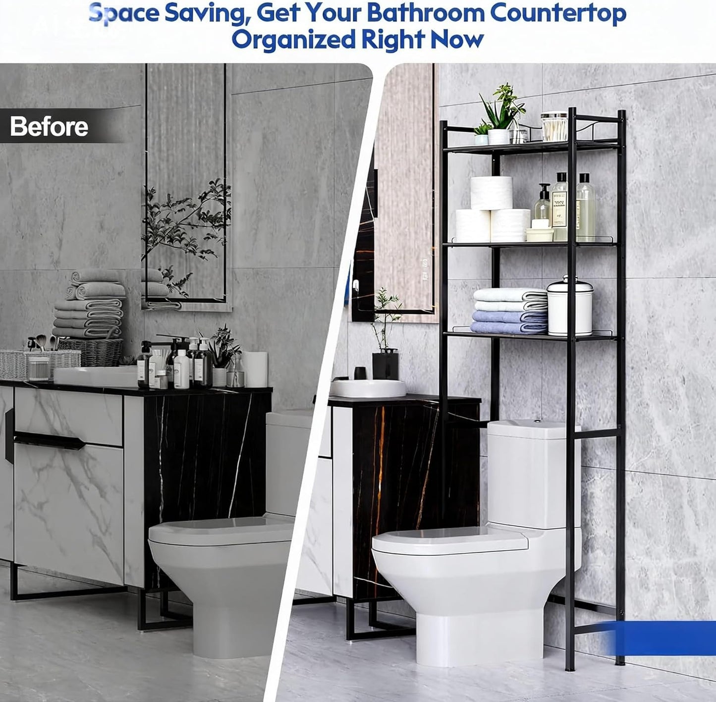 Over Toilet Bathroom Organizer, 59.75" H 3-Shelf Steel Storage Unit Wall Mount, Black — Better Stability Bathroom Shelves for Towels, Paper & Utility Room, 30 Lbs Capacity