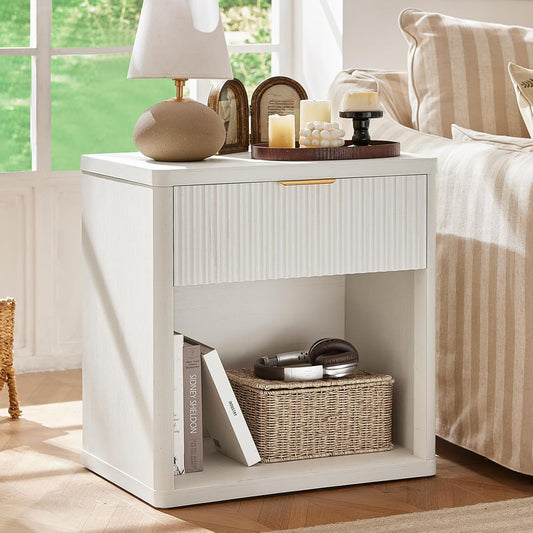 Fluted Nightstand with Charging Station, 23" Wide 1 Drawers End Table,White Night Stand with Open Storage Cabinet, Farmhouse Bed Side Tables, Wood Dresser for Bedroom, Living Room, Closet