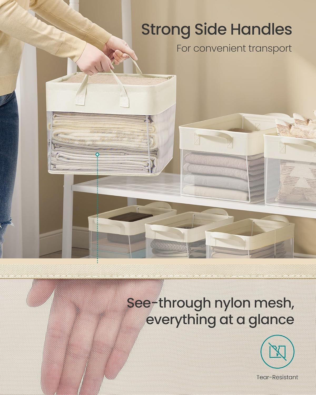 Closetorganizers Set of 3, Medium Fabric Storage Baskets, Foldable Organizer with Transparent Nylon Mesh, 15.7 X 11.8 X 9.8 Inches, Handles, for Bedroom, Living Room, Cream White URFB940W01